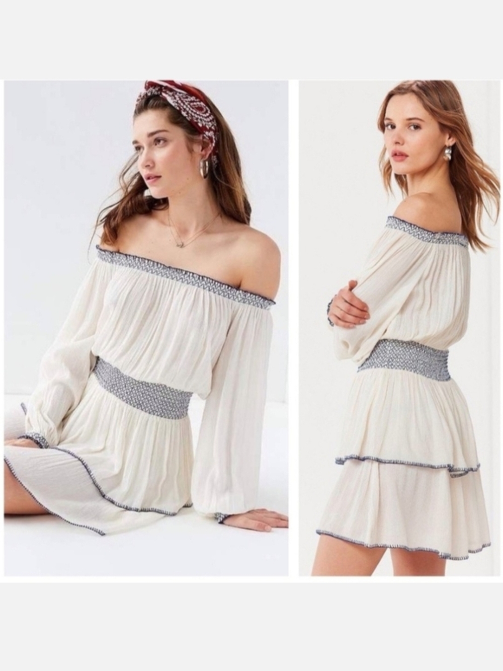 Off-the-Shoulder Cream Boho Dress with Smocked Waist